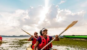 Couple kayaking in a lake