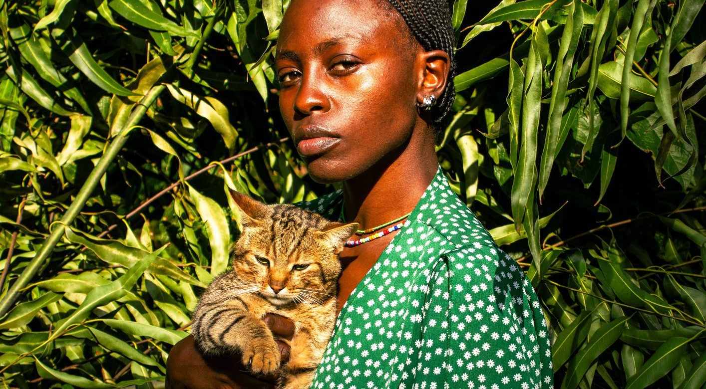Young African Woman in Green Dress Holding Cat Among Eucalyptus Leaves