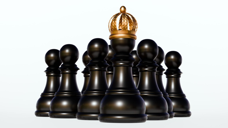 A 3d rendering of black chess pawn and a gold crown.