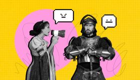 Sketch image trend artwork 3D photo collage of costume queen dress young lady talk megaphone angry man stand hero conqueror knight vintage
