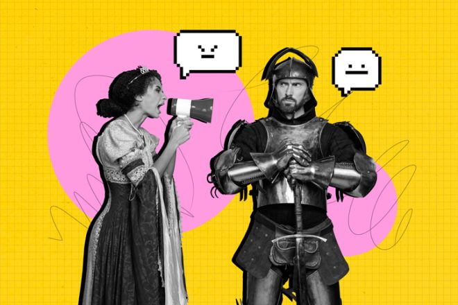 Sketch image trend artwork 3D photo collage of costume queen dress young lady talk megaphone angry man stand hero conqueror knight vintage