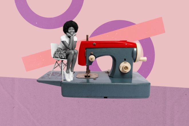 Art 3d sketch photo image collage of happy american girl sit stool retro sewing machine profession dressmaker textile needlework