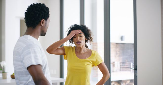 Couple, argument and fight in home with stress, conflict and marriage problem with toxic relationship. Divorce talk, cheating and separation discussion with angry woman from betrayal and mistake