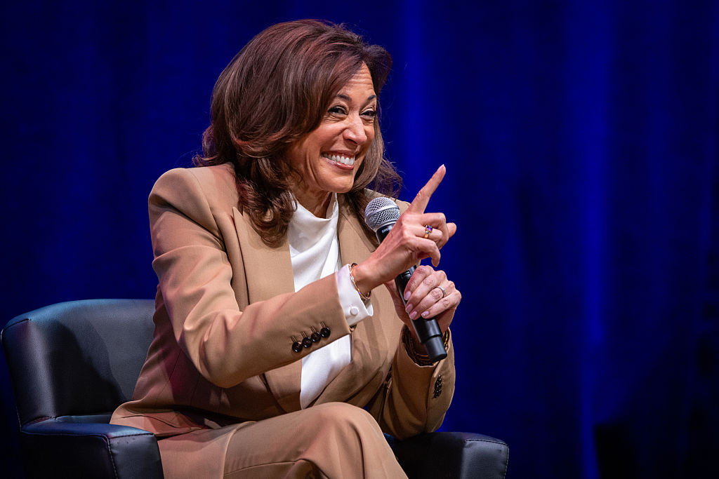 Former Vice President Kamala Harris is speaks at the Wiltern on Monday, Sept. 29, as part of her book tour promoting "107 Days," her new books about her short sprint of a presidential campaign in 2024 after President Biden decided not to seek reelection