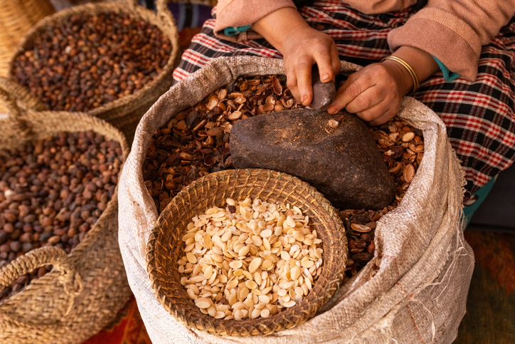 Close up of womans hands peeling Argan fruits on the Argan oil factory Morocco