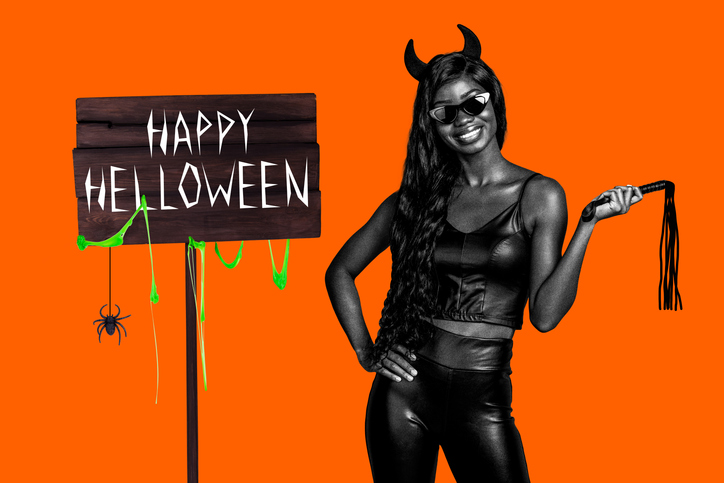 Composite photo collage of smile american girl devil horns hold bdsm whip happy halloween nameplate spider isolated on painted background