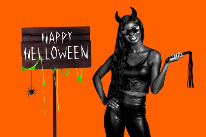 Composite photo collage of smile american girl devil horns hold bdsm whip happy halloween nameplate spider isolated on painted background
