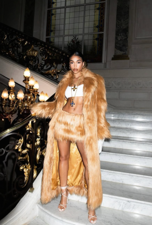 Lori Harvey in fur skirt set