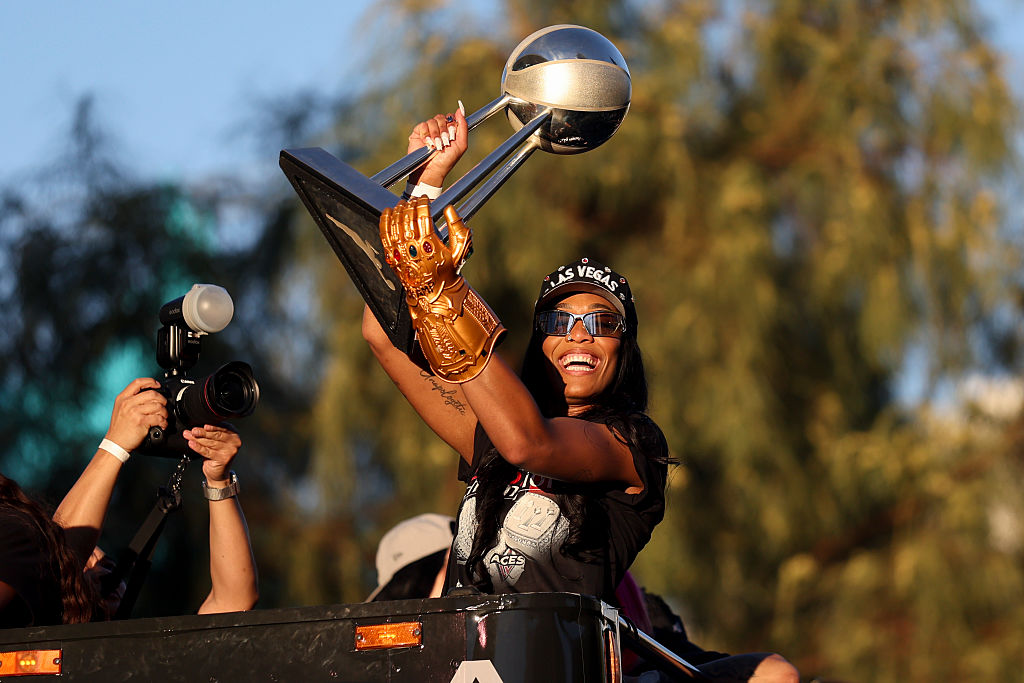 A'ja Wilson celebrating at Las Vegas Aces 2025 WNBA Championship Victory Parade And Rally