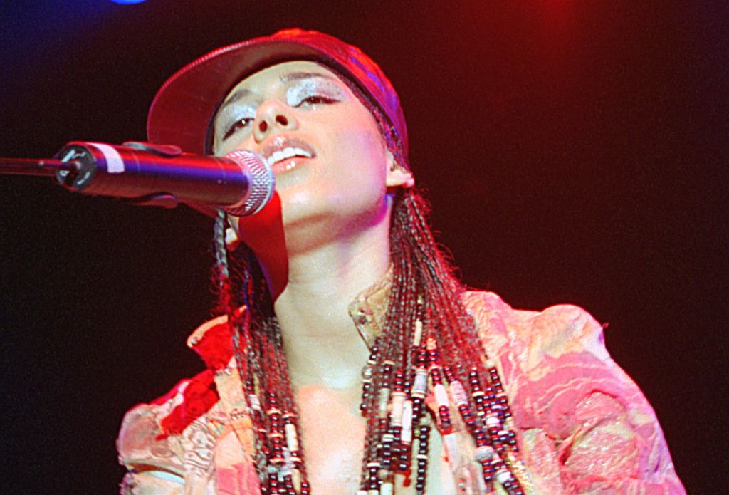 American singer songwriter, composer, producer, pianist and actress Alicia Keys, performing live on stage...