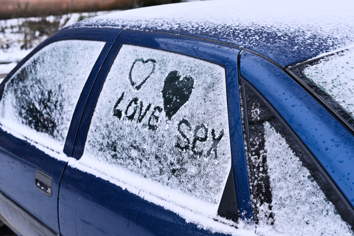 love and sex inscription in the snow on the car window