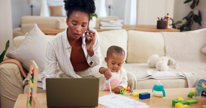 Phone call, toddler or mother with laptop for remote work, transaction confirmation or account management. Bookkeeping, parenthood or woman with girl to check statement, drawing or tech for payroll