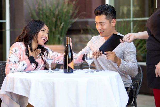 Dating Couple Paying Bill and Tip Gratuity at a Restaurant