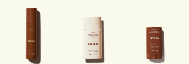 Cay Skin's Isle Glow Face Moisturizer SPF 45, Mo'Bay Mineral Sunscreen SPF 30, and Isle Invisible Sunstick SPF 35