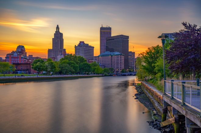 Downtown Providence and Providence River at Sunset, Rhode Island, USA