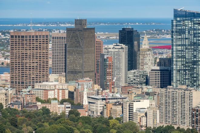 Panoramic aerial view of Downtown Boston, Massachusetts, USA