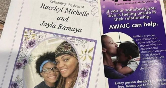 The image shows a funeral program celebrating the lives of Raechyl Michelle and Jayla Ramaya. It also includes an advertisement for AWAIC, an organization that provides services for those experiencing domestic violence.