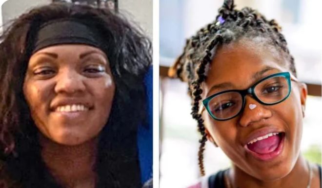 Two smiling Black women, one with curly hair and the other wearing glasses.