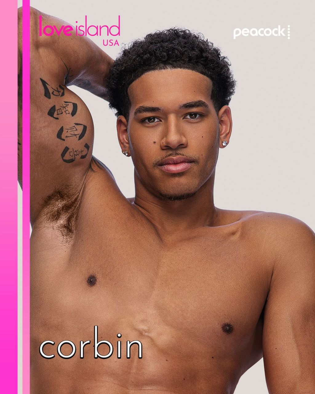 Shirtless man with curly hair and tattoos posing against a pink and white background with "Love Island USA" and "Peacock" branding.