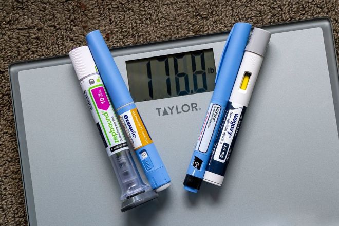 photo illustration of weight loss injection pens on a weight scale showing 176 pounds.