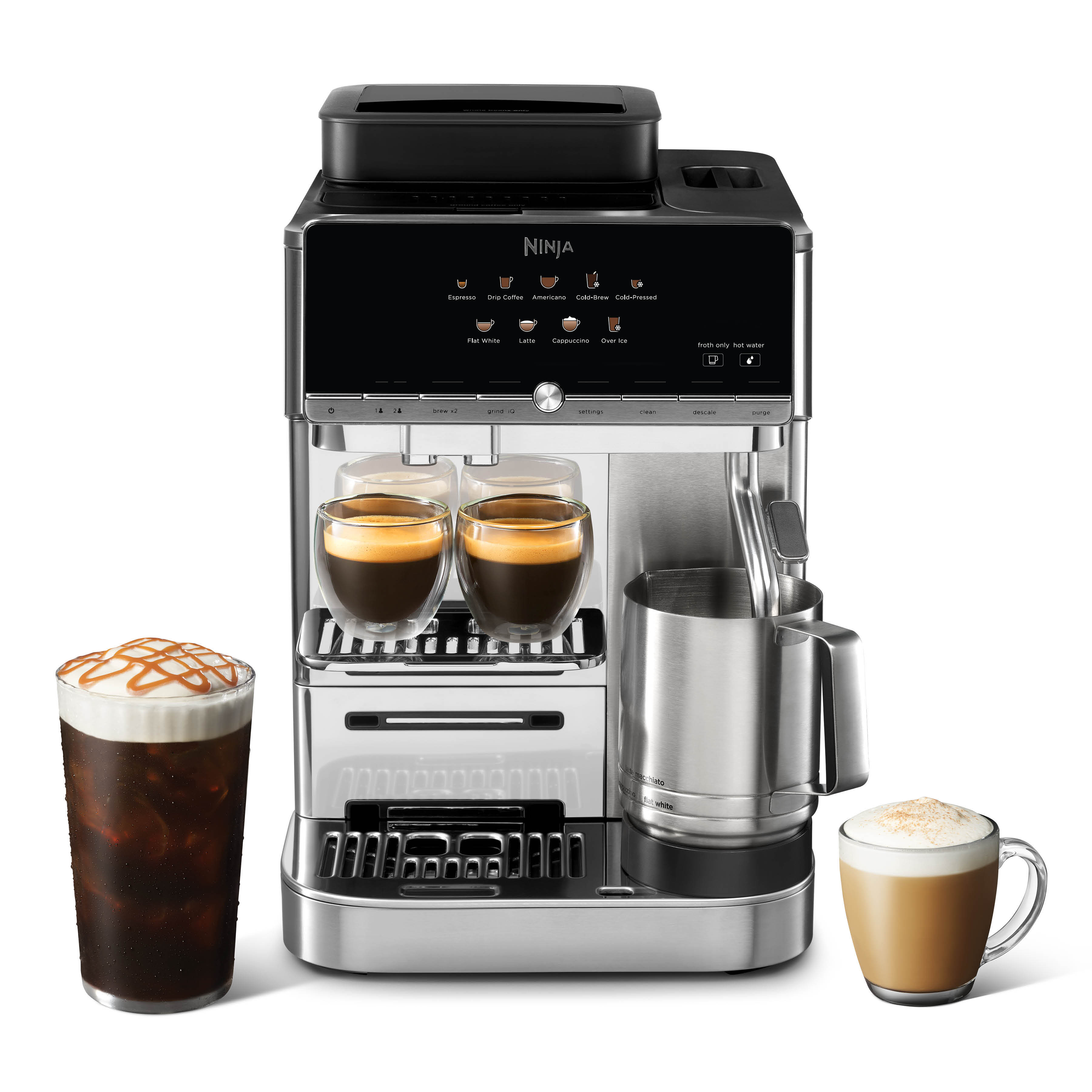 A black and silver Ninja coffee maker with two espresso cups and a glass of iced coffee on a white background.