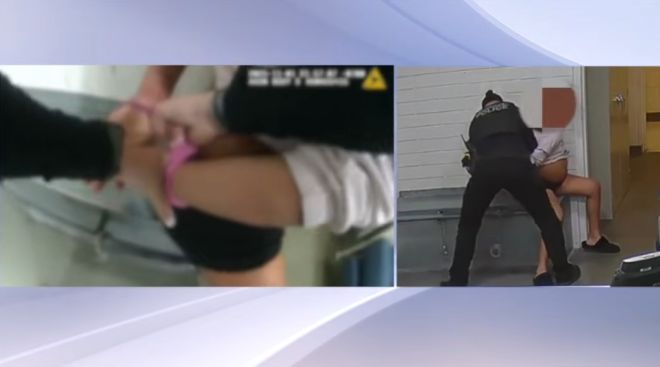 Two images showing a person being physically restrained and a person being arrested.
