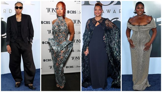 Four images of celebrities wearing stylish outfits at a formal event, including a black suit, a colorful patterned jumpsuit, a black dress with a feathered cape, and a gray off-the-shoulder gown.