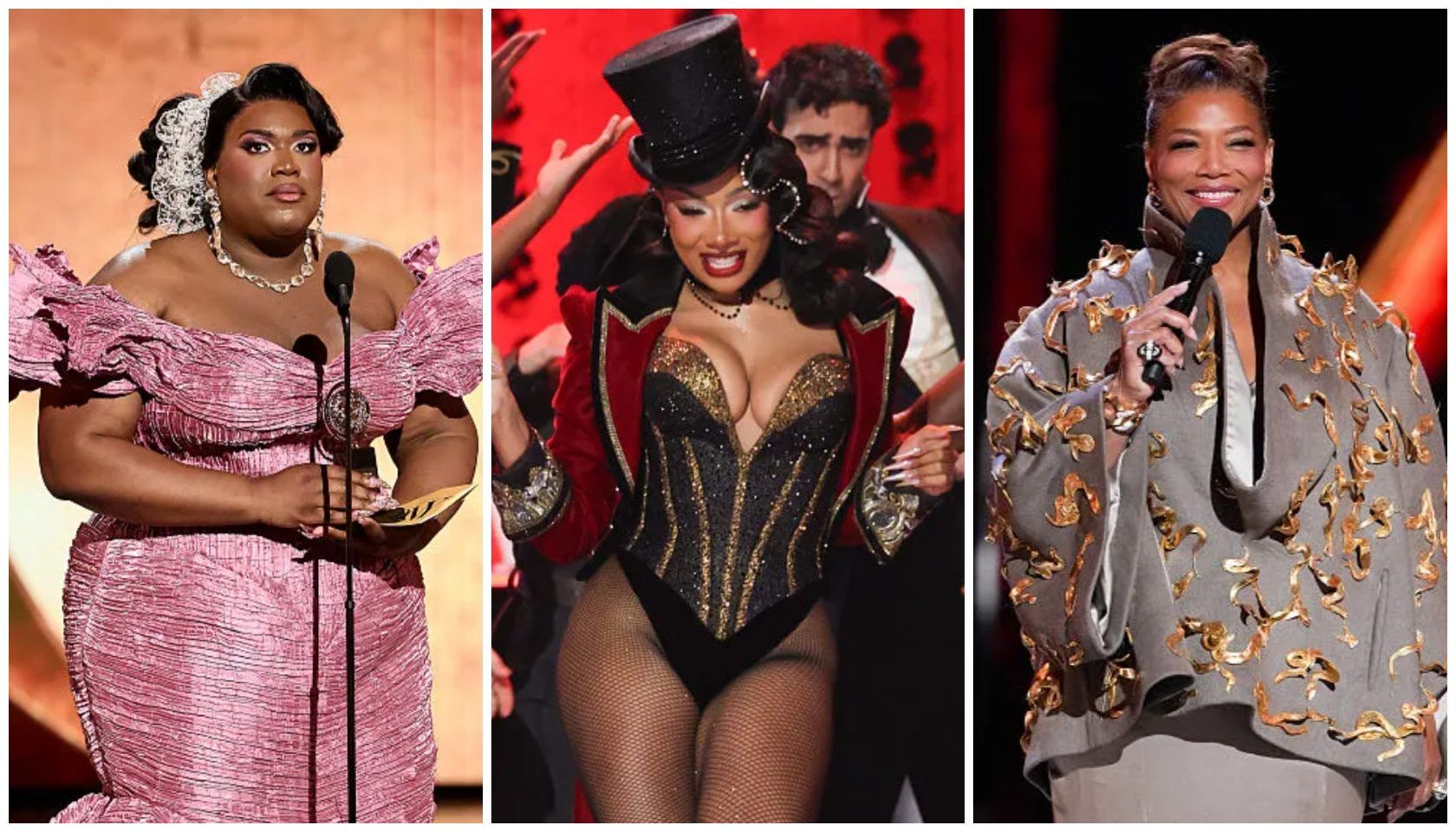 Three images of performers on stage: a woman in a pink ruffled dress, a woman in a gold and black costume, and a woman in a gray and gold patterned outfit singing into a microphone.