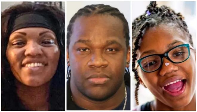 Three smiling Black people: a woman with braids, a man with a serious expression, and a woman with glasses and a wide smile.