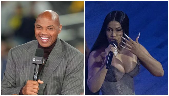 A smiling bald man in a gray suit holding a microphone, and a woman in a purple dress singing into a microphone on a blue stage.