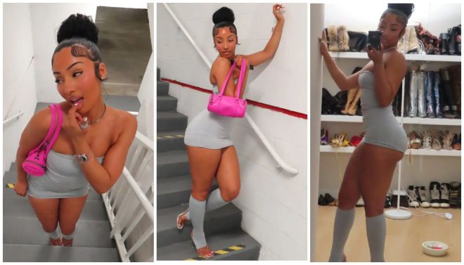 A collage of three images showing a woman in a pink top and gray shorts posing in different locations, including on stairs and in front of shelves.