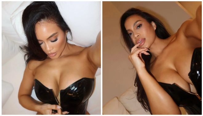 Two images of a woman with long dark hair wearing a black strapless top, posing seductively.