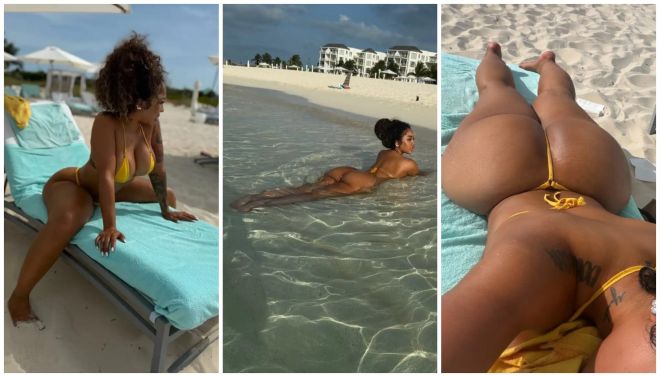 Three beach scenes: a woman in a turquoise bikini sitting on a lounge chair, a person swimming in the ocean, and a close-up view of a person's legs in a yellow bikini on the sand.