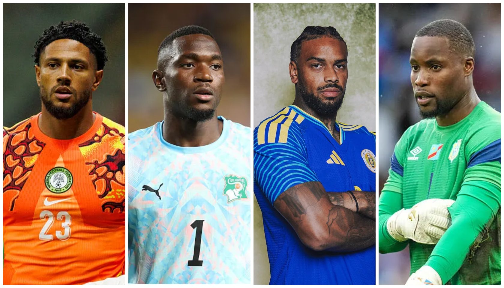 Four soccer players in action: a goalkeeper in a green jersey, a player in an orange jersey, a player in a blue jersey, and a player in a white jersey.