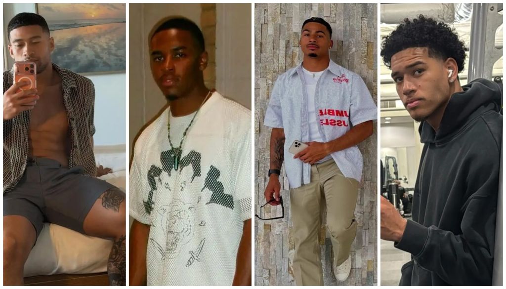 A collage of four images showing young men in various casual outfits and settings, including a sunset beach scene, a white t-shirt with a graphic design, and a person wearing a red t-shirt with text.