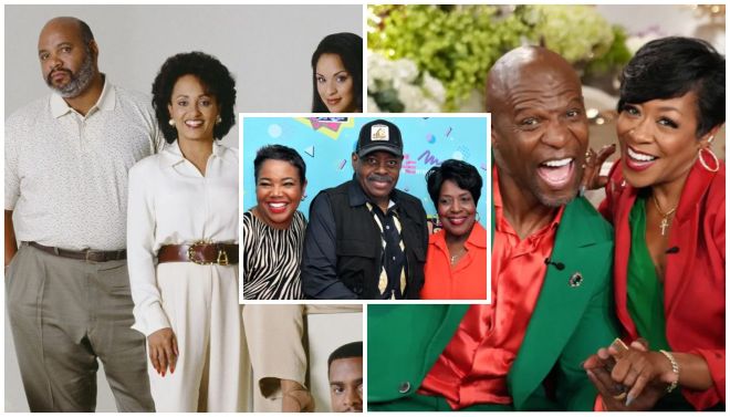 A collage of images featuring a diverse group of people, including an older couple, a group of friends, and a couple in formal attire. The images show the people smiling and posing together.