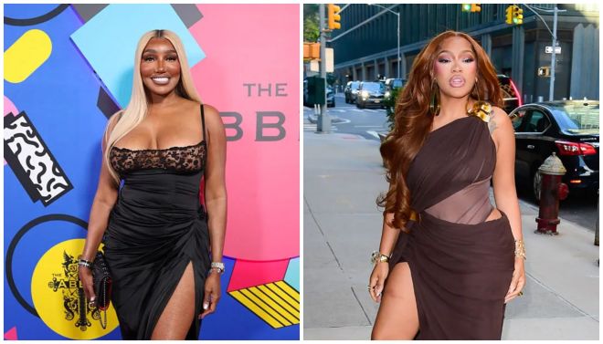 Two images side-by-side: a woman in a black dress with a high slit and lace detail, and a woman in a brown one-shoulder dress with a high slit.