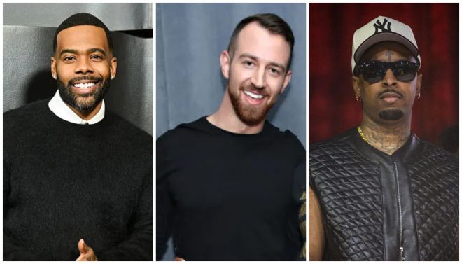 Three men in casual clothing: a smiling Black man in a black sweater, a smiling White man in a black shirt, and a Black man wearing sunglasses and a Yankees cap.