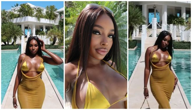 A woman in a yellow dress posing by a pool at a tropical resort.