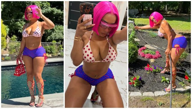 A woman in a polka dot bikini poses by a pool, another woman in a pink wig takes a selfie, and a woman works in a garden.