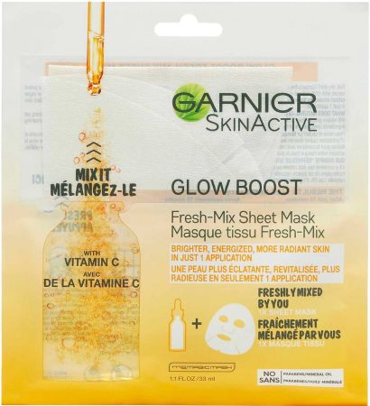 Garnier SkinActive Glow Boost Fresh-Mix Sheet Mask with Vitamin C, brighter and more radiant skin in just 1 application.