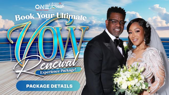 A newlywed couple standing on a cruise ship deck, with the text "Book Your Ultimate Cruise Experience Packages!" displayed behind them.