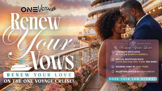 A couple embracing on the deck of a cruise ship, with the text "Renew Your Vows" and details about a vow renewal ceremony on the One Voyage cruise.