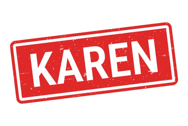 Karen - Female name - Red rubber stamp on white background