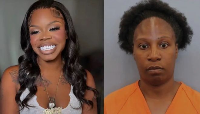 Two portraits of a woman, one with long curly hair and a bright smile, the other with short curly hair and a serious expression, both wearing orange prison uniforms.
