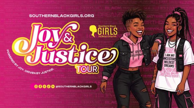Two young Black women smiling and posing in front of a pink background with the text "Joy & Justice Tour" and "Southernblackgirls.org".