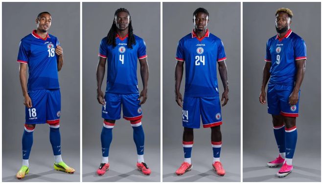 Four soccer players wearing blue and red uniforms with jersey numbers 18, 4, 24, and 9.