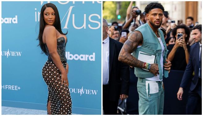 Two images side-by-side: A woman in a patterned dress posing on a red carpet, and a man in a mint green outfit with tattoos walking on a red carpet surrounded by photographers.