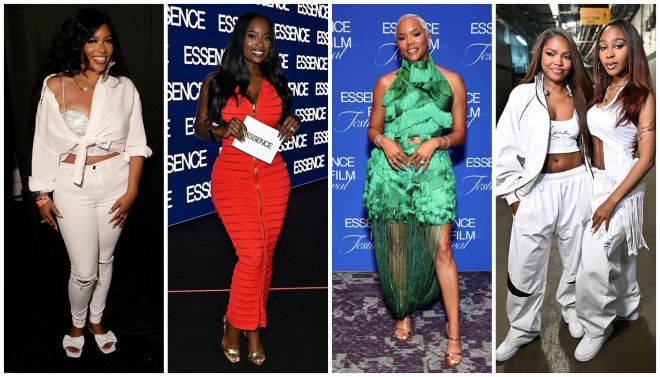 Four women in stylish outfits posing at an ESSENCE event, including a woman in a green feathered dress and another in a white crop top and pants.