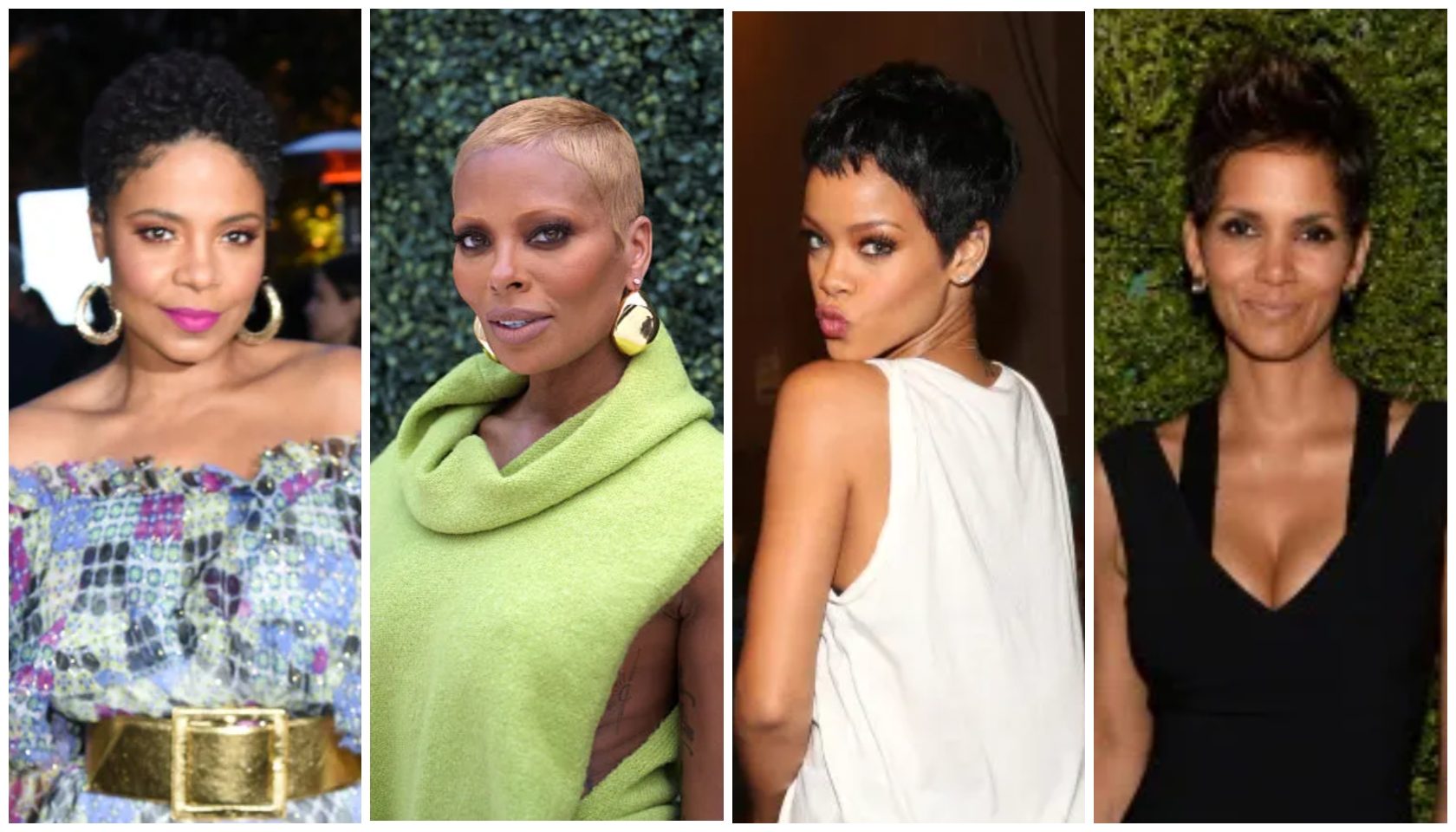 A collage of four headshot images of women with diverse hairstyles and expressions, including a woman with a floral dress, a woman in a green coat, a woman in a white dress, and a woman with short dark hair.